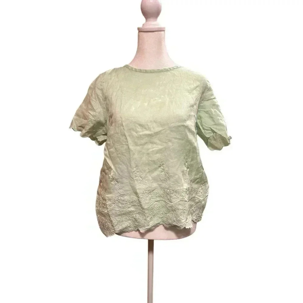 J. Crew Blouse Size 8 100% Linen Embroidered Lace Short Sleeve Pastel Mint Green